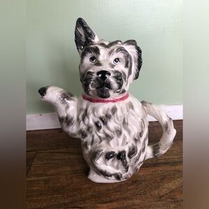 Vintage Terrier Dog Porcelain Teapot 9” Tall Black White Puppy Pitcher kitsch